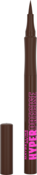 Brunatny eyeliner Maybelline New York Hyper Precise All Day w pisaku, z zdjętą skuwką obok. Widok z przodu.