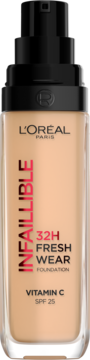 Beżowy podkład L'Oréal Infaillible 32H Fresh Wear z witaminą C i SPF 25 w szklanej butelce, widok z przodu.