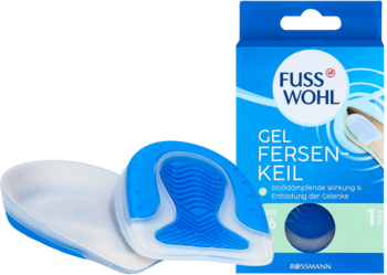 Fusswohl Gel Fersenkeil, amortyzujące podpiętki żelowe 36-41, leżące obok opakowania produktu.