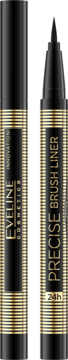 Dwa czarne eyelinery Eveline Precise Brush Liner, jeden zamknięty, drugi z widoczną końcówką pędzelka.