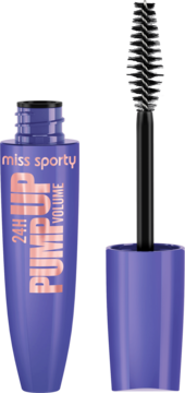 Otwarty fioletowy tusz Miss Sporty Pump Up 24H Volume z różowym napisem i czarną szczoteczką.