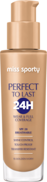 Miss Sporty Perfect to Last 24H długotrwały podkład, beżowa butelka z pompką, przód, odcień 15 Golden Ivory, SPF 20.