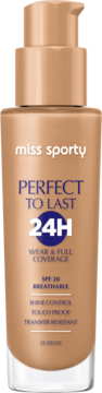 Miss Sporty Perfect to Last 24H beżowy podkład SPF 20, szklana butelka z pompką, widok z przodu.