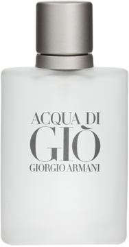Męska woda toaletowa Acqua di Gio Giorgio Armani w białej, matowej butelce ze srebrną nakrętką, widok frontalny.