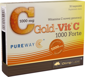 Gold-Vit C 1000 Forte, pomarańczowe opakowanie suplementu z PureWay-C i 1000 mg witaminy C, 30 kapsułek.