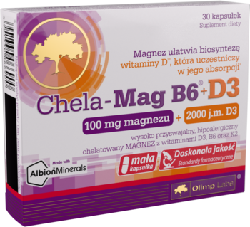 Chela-Mag B6+D3, biało-fioletowe opakowanie z 100 mg magnezu i 2000 j.m. witaminy D3, widok z przodu.