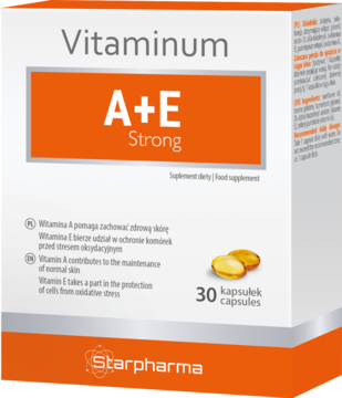 Białe pudełko suplementu Vitaminum A+E Strong z dużym pomarańczowym blokiem, widok z przodu, 30 kapsułek.