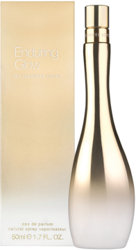 Jennifer Lopez Enduring Glow woda perfumowana dla kobiet. Smukła butelka złoto-biała i złote pudełko, widok z przodu.