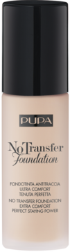 PUPA No Transfer Foundation, beżowy matujący podkład w butelce z czarną nakrętką, widok z przodu.