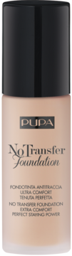 Pupa No Transfer Foundation, beżowa butelka z czarną zakrętką, widok z przodu. Matujący podkład do twarzy.