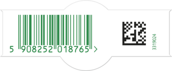 Biała etykieta z zielonym kodem UPC 5908252018765 i czarnym kodem QR dla odświeżacza lawendowego.