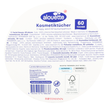 Tył opakowania Alouette chusteczek kosmetycznych 3-warstwowych, 60 sztuk, z informacjami i kodem kreskowym.