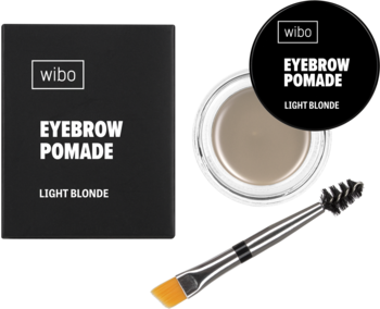 Wibo Eyebrow Pomade Light Blonde: czarne pudełko, otwarty słoiczek z jasną, kremową pomadą i skośny pędzelek.