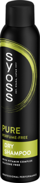 Czarny Syoss Pure Dry Shampoo, bez silikonów i perfum, z kompleksem witamin, widok z przodu.