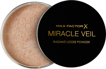 Otwarty słoik rozświetlającego pudru sypkiego Max Factor Miracle Veil, widok z góry.