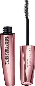 Mascara Rimmel Wonder'Luxe Volume 001 Black w różowo-złotej tubie, otwarta, z widoczną czarną silikonową szczoteczką.