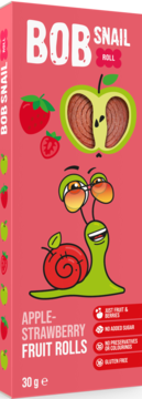Bob Snail Apple-Strawberry Fruit Rolls, różowe opakowanie 30g z ilustracją ślimaka i jabłek, truskawek.