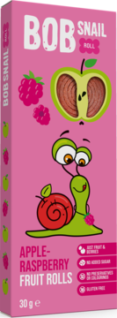 Różowe pudełko Bob Snail Rollsy Jabłko Malina, 30g, z wesołym ślimakiem i ilustracjami owoców, widok z przodu.