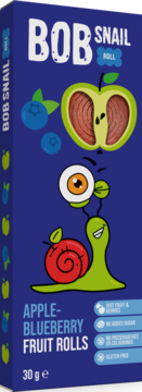 Bob Snail Rollsy Jabłko Borówka: ciemnoniebieskie opakowanie, rysunkowy ślimak, przekrojone jabłko, borówki. Widok z przodu.