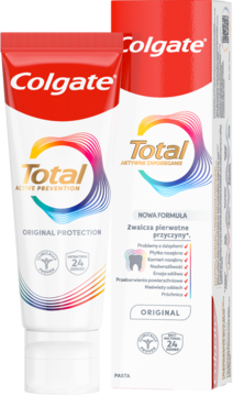Pasta do zębów Colgate Total Active Prevention Original, tuba i opakowanie kartonowe, widok z przodu, biało-czerwone.