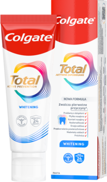 Biała pasta do zębów Colgate Total Active Prevention Whitening, tubka i opakowanie z czerwoną etykietą, nowa formuła.