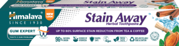Himalaya Stain Away ziołowa pasta do zębów, zielono-białe opakowanie, fioletowy napis, redukuje przebarwienia, przód.
