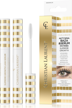 Christian Laurent Supreme Growth lash serum: dwie biało-złote tubki z aplikatorem i pionowe opakowanie z grafiką oka.