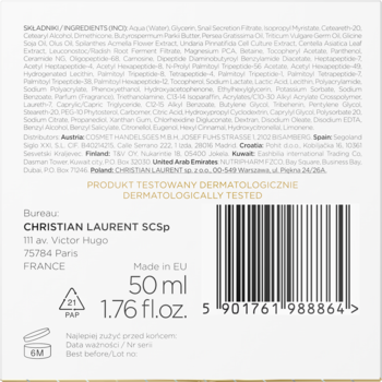 Tył opakowania kremu Christian Laurent Botulin Revolution, z tekstem składników, deklaracją testów, 50ml, kodem kreskowym.