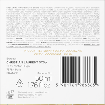 Tył opakowania kremu-ampułki Christian Laurent 50ml z informacją o testach dermatologicznych i kodem EAN.