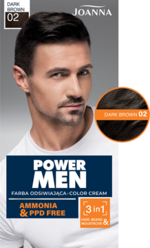 Joanna Power Men Dark Brown 02 farba do włosów i brody bez amoniaku, widok z przodu przy modelu.