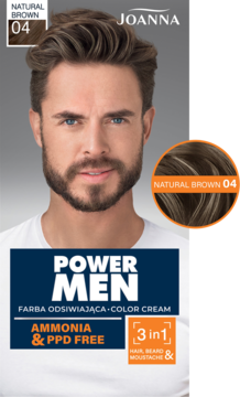 Opakowanie farby Joanna Power Men Natural Brown 04 do włosów i brody, z męskim modelem i próbką koloru.
