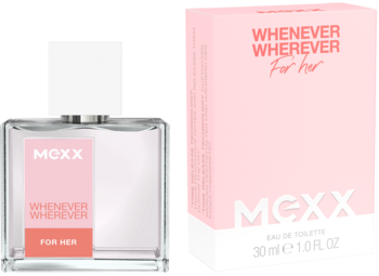 MEXX Whenever Wherever woda toaletowa w przezroczystej butelce z różowym opakowaniem, widok z przodu.