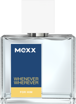 Przejrzysta butelka perfum Mexx Whenever Wherever For Him, granatowa etykieta z żółtym napisem, biały korek.