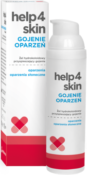 Help4Skin Gojenie Oparzeń: biały żel hydrokoloidowy w butelce z pompką i pudełku, widok z przodu.