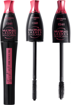 Trzy czarne tusze Bourjois Twist Up the Volume, jeden zamknięty, dwa otwarte ukazujące szczoteczki 2w1.