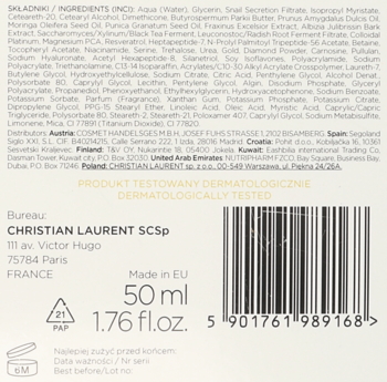 Tył opakowania diamentowego kremu Christian Laurent, z kodem kreskowym, 50 ml, i testami dermatologicznymi.