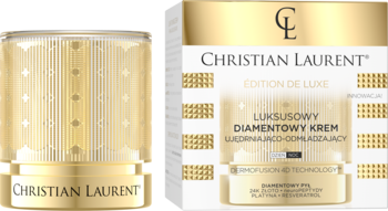 Christian Laurent Luksusowy diamentowy krem ujędrniający w złotym słoiczku obok eleganckiego pudełka.