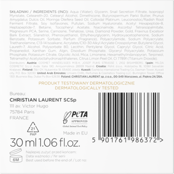 Tył opakowania Christian Laurent Diamentowe Serum Napinające 30ml, skład, PETA, Made in EU.