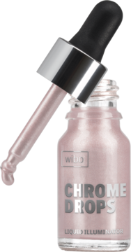 WIBO Chrome Drops, płynny rozświetlacz, odcień 01. Szklana butelka, srebrny aplikator z kroplą produktu, widok z przodu.