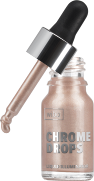 WIBO Chrome Drops 02, płynny rozświetlacz w odcieniu rose gold, butelka z kroplomierzem i widoczną kroplą.
