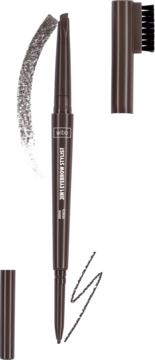 Wibo Eyebrow Stylist 3 w 1, brązowa kredka do brwi z pędzelkiem i szarą próbką koloru obok, widok frontalny.