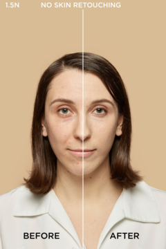 Kobieta przed i po aplikacji podkładu L'Oréal True Match 1.5N, obraz podkreśla brak retuszu.