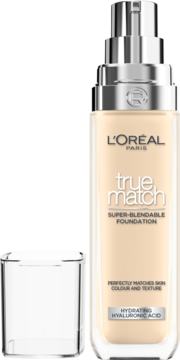 Podkład L'Oréal True Match, jasny beż, szklana butelka z pompką, kwas hialuronowy, przód, nakrętka obok.