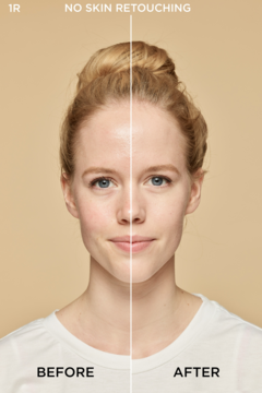 Twarz kobiety przed i po: lewa naturalna, prawa z podkładem L'Oréal True Match. Bez retuszu, gładka cera.