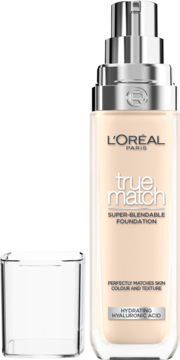 L'Oréal True Match, super-blendable podkład nawilżający, butelka z pompką, przezroczysty korek obok.