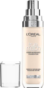 L'Oréal True Match super-blendable podkład nawilżający, butelka z pompką, obok otwarta nakrętka.
