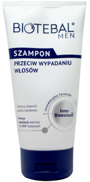 Biotebal Men Szampon Przeciw Wypadaniu Włosów. Biała tuba z niebieskim spodem, widok z przodu.