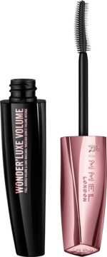 Otwarta czarna maskara Rimmel Wonder'Luxe Volume, pogrubiająca z silikonową szczoteczką i różowo-złotą nakrętką.