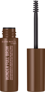 Rimmel Wonder'Full Brow wodoodporny brązowy tusz do brwi z włóknami, otwarty z wyjętą szczoteczką.