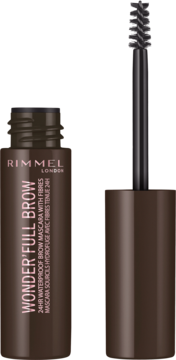 Rimmel Wonder'Full Brow, brązowa wodoodporna mascara do brwi z włóknami, otwarta tuba z wyjętym aplikatorem.